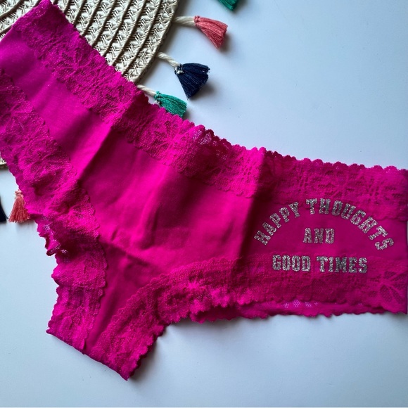 Victoria's Secret PINK Lace Trim Cheekster Panty Pink Laser w Graphic Large NEW - Picture 1 of 4